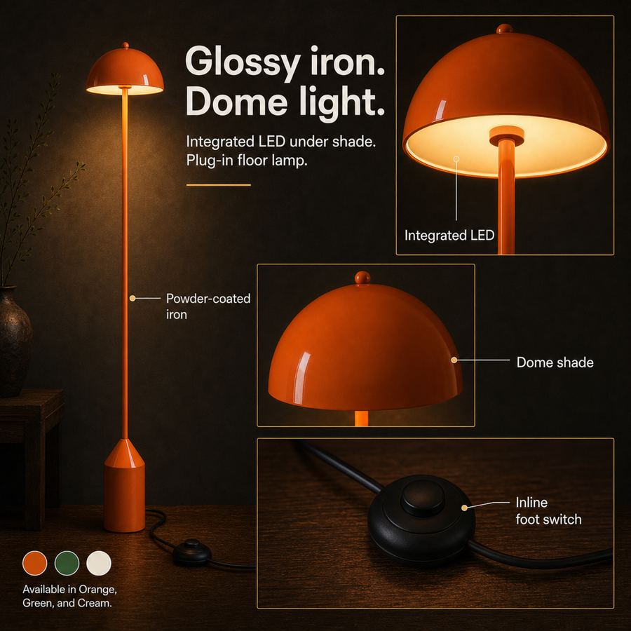 Daisy floor lamp materials infographic calling out glossy powder-coated iron, dome shade, integrated LED, inline foot switch, and color options