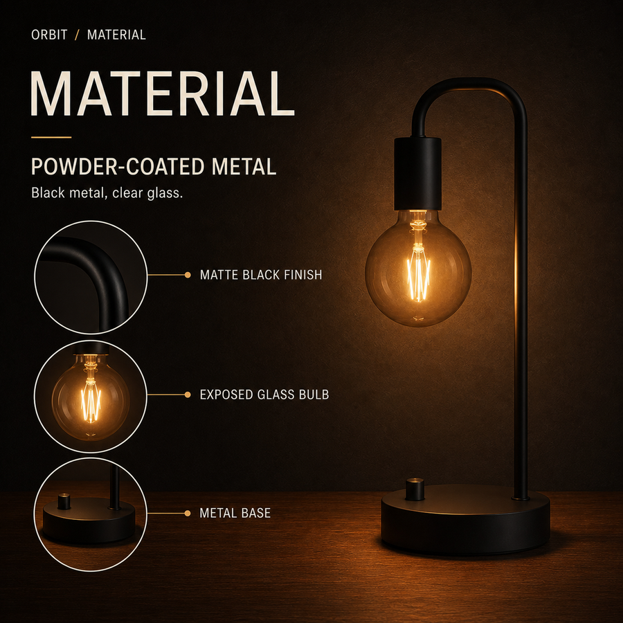 Orbit Black powder-coated metal and clear glass material infographic