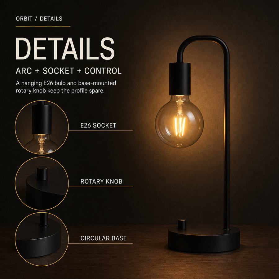 Orbit table lamp E26 socket rotary knob and round base details infographic