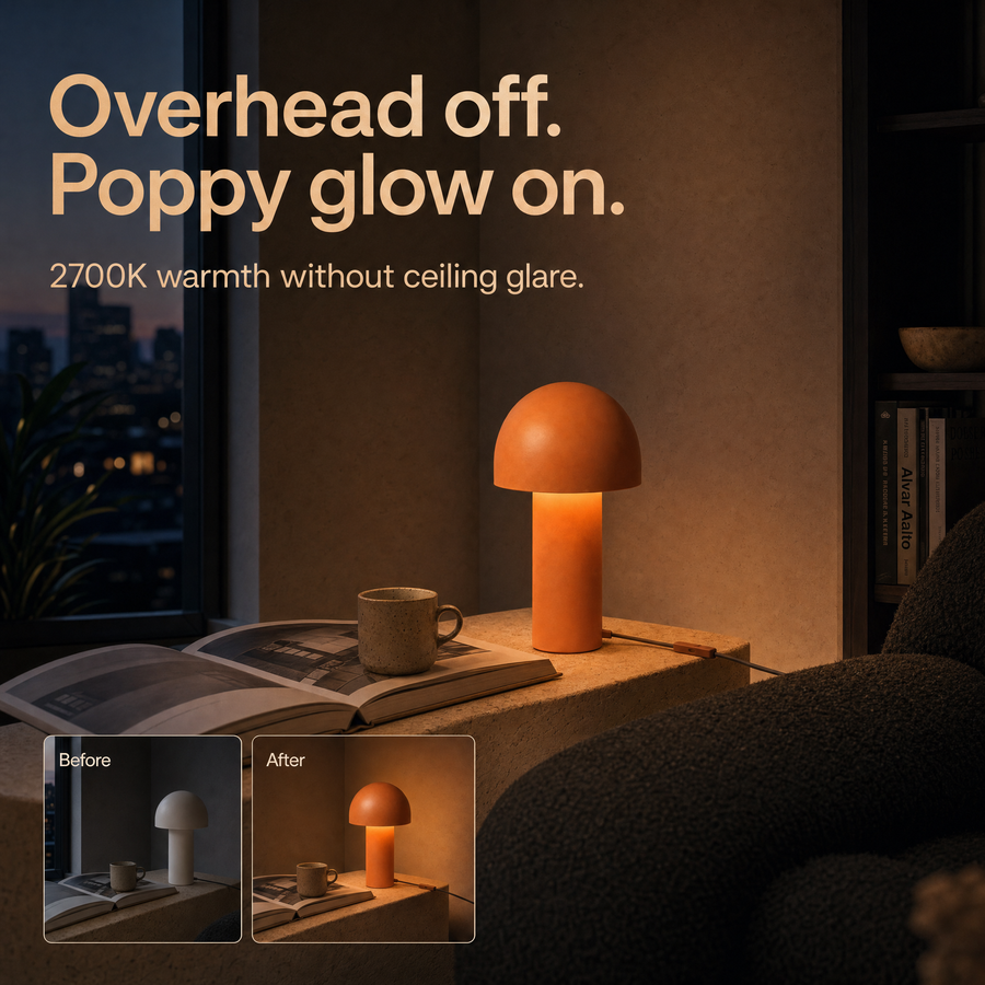 Poppy warm effect / room transformation infographic for Warm by Design