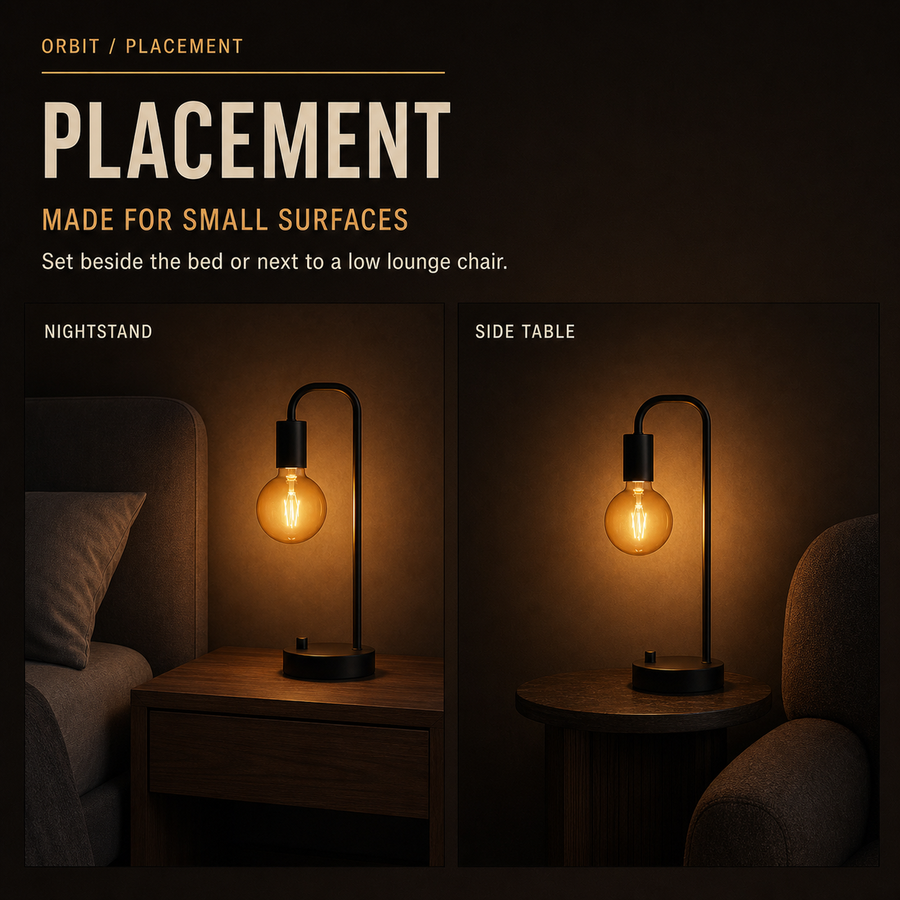 Orbit table lamp bedroom and living room placement infographic