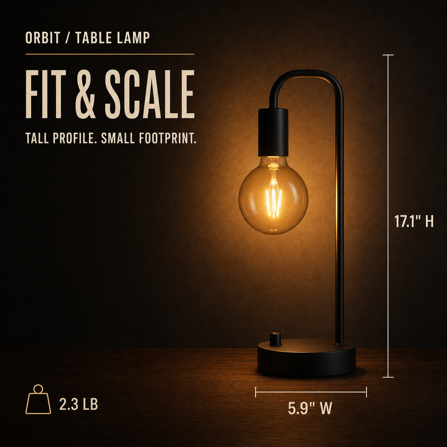 Orbit table lamp fit and scale infographic