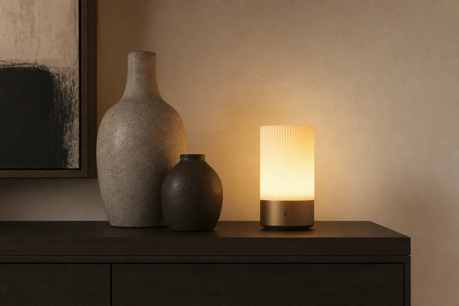 Warm 2700K table lamp on a bedside table