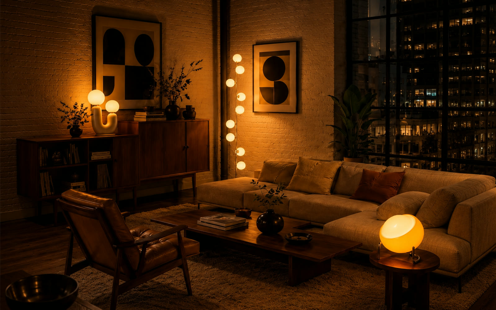 A room after dark lit only by warm lamps