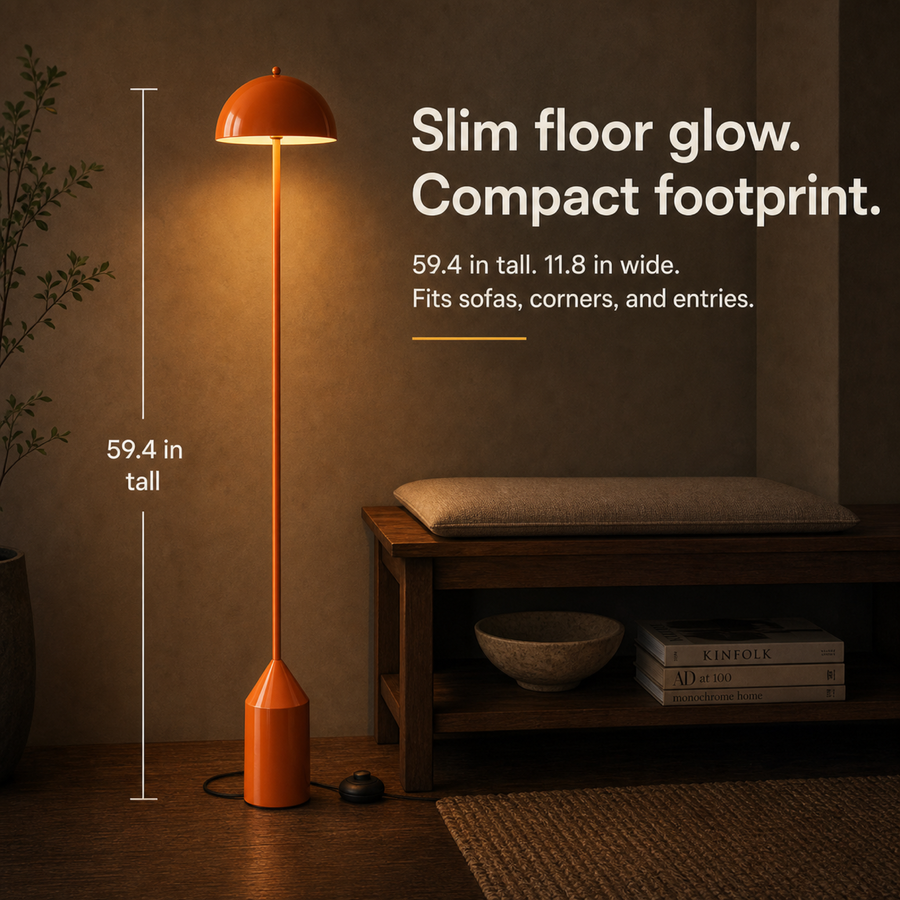 Daisy floor lamp size infographic showing 59.4 inch height and 11.8 inch width near an entry bench