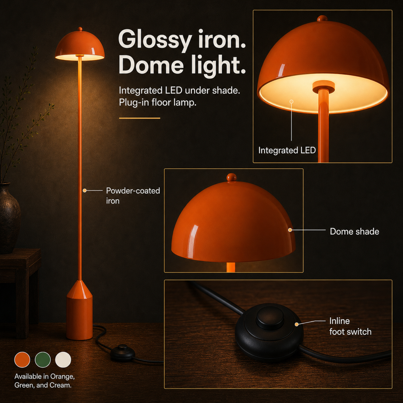Daisy floor lamp materials infographic calling out glossy powder-coated iron, dome shade, integrated LED, inline foot switch, and color options