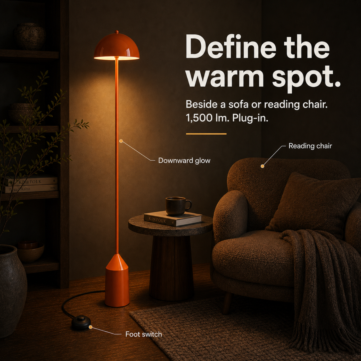 Daisy plug-in floor lamp placement infographic showing reading chair, downward glow, and foot switch