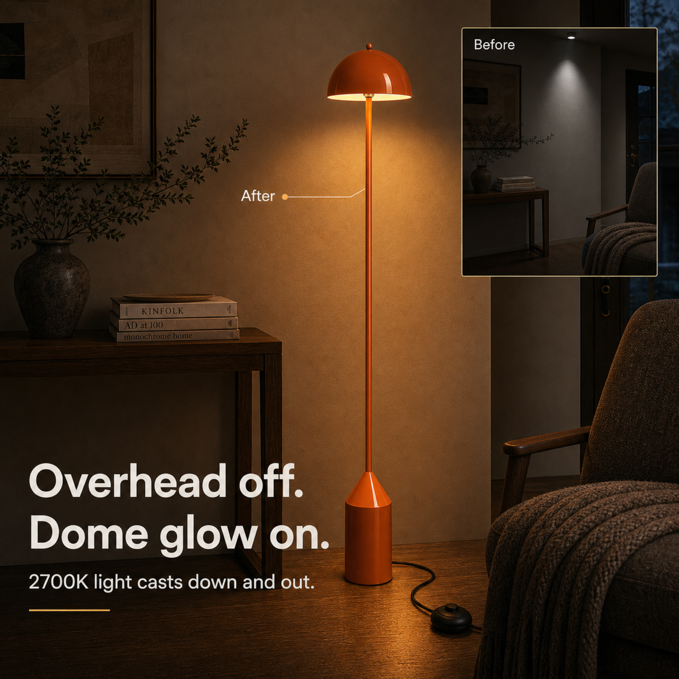 Daisy 2700K floor lamp warm effect infographic showing overhead off and dome glow on