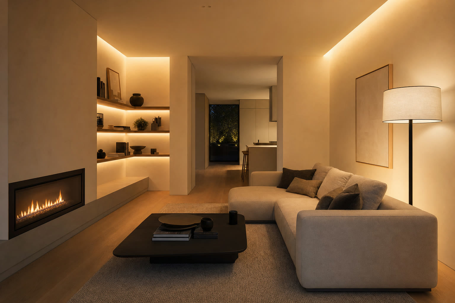 A wide modern living room with warm ambient 2700K lamp wash on the walls