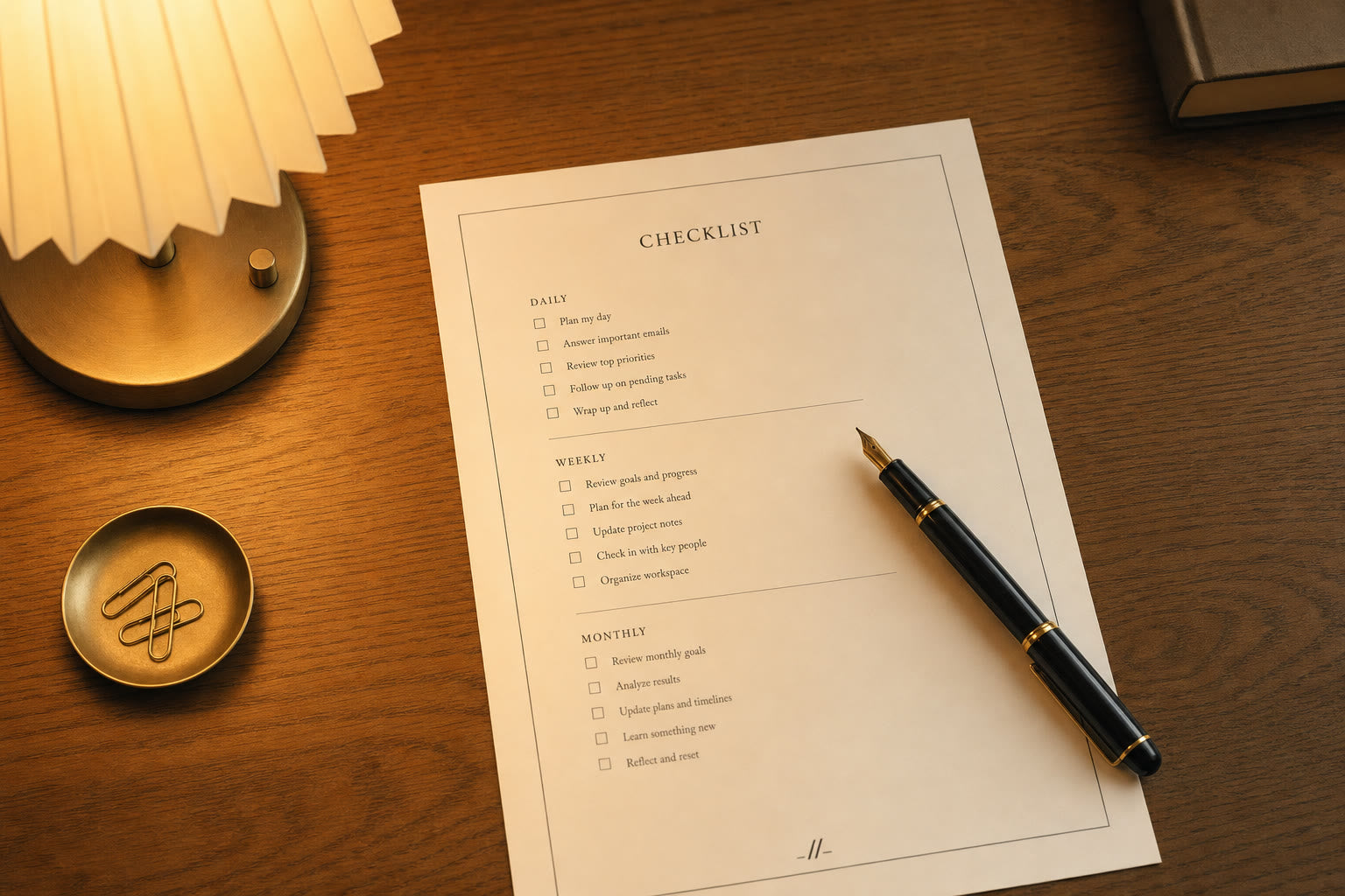 A clipboard or paper checklist beside a warm 2700K table lamp