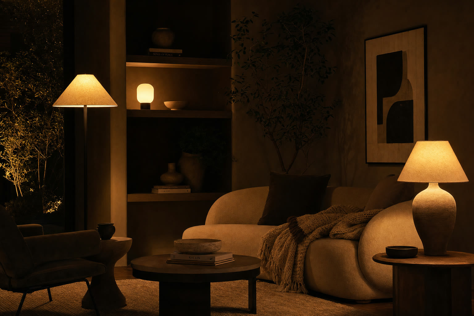 A cozy living room with layered warm 2700K lamp pools and no overhead light