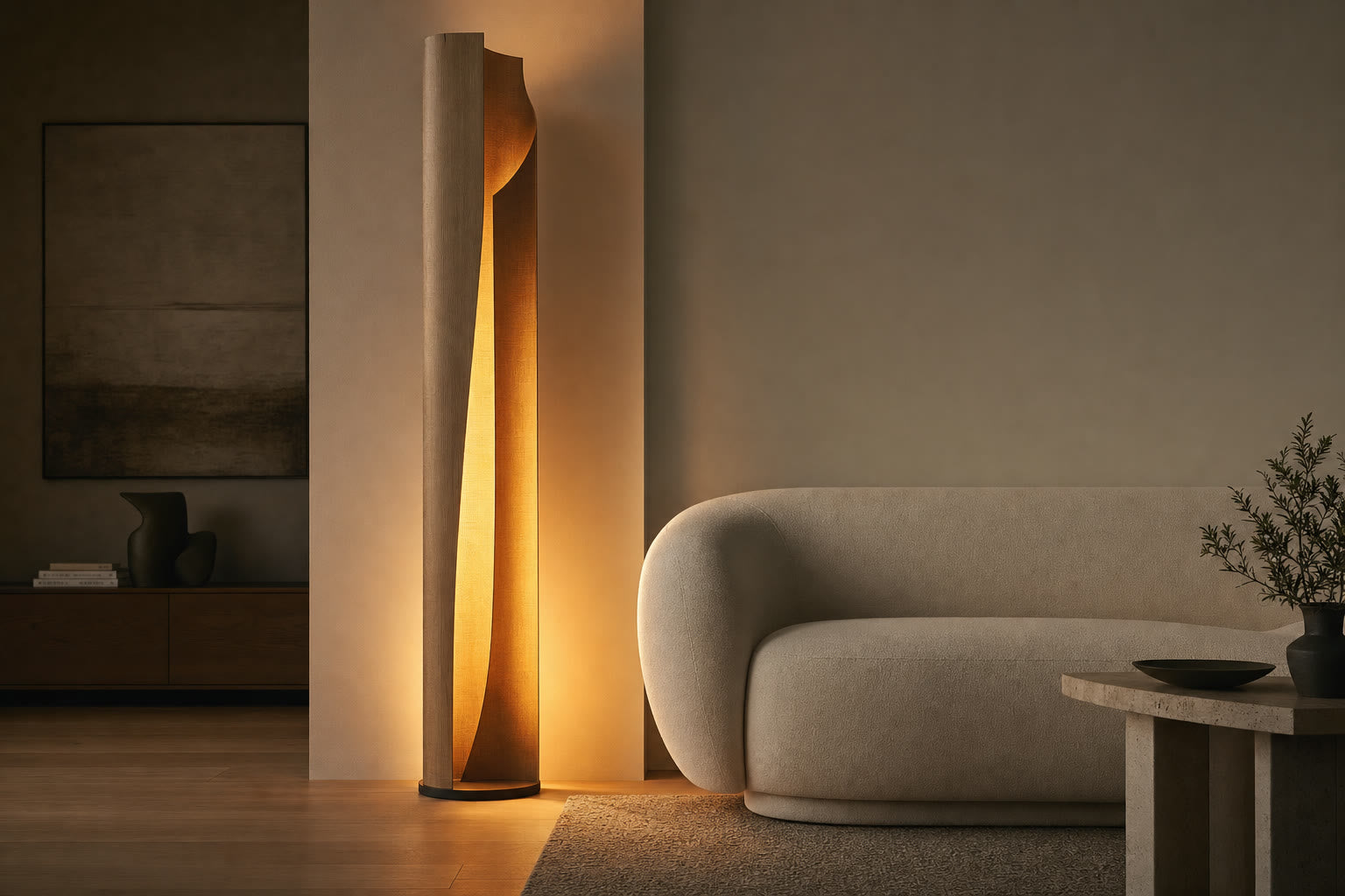 Warm 2700K living room lamp beside a sofa