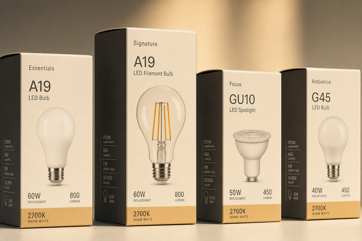 A close-up of bulb packaging showing color-temperature labelling