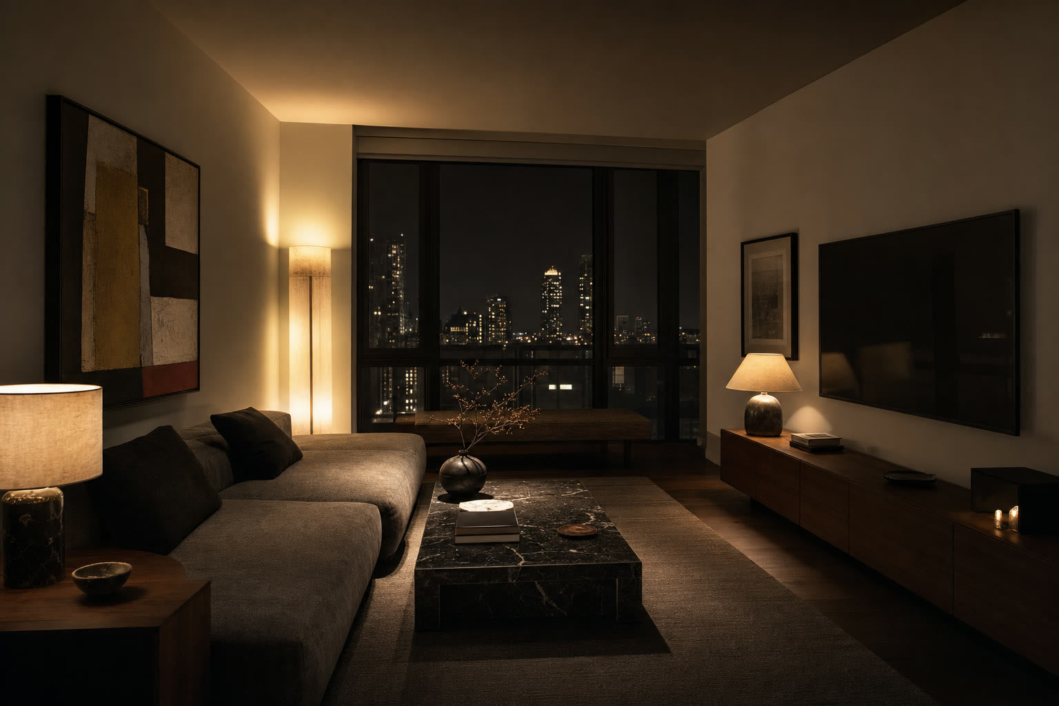 A modern living room lit entirely by plug-in floor and table lamps, no ceiling fixture