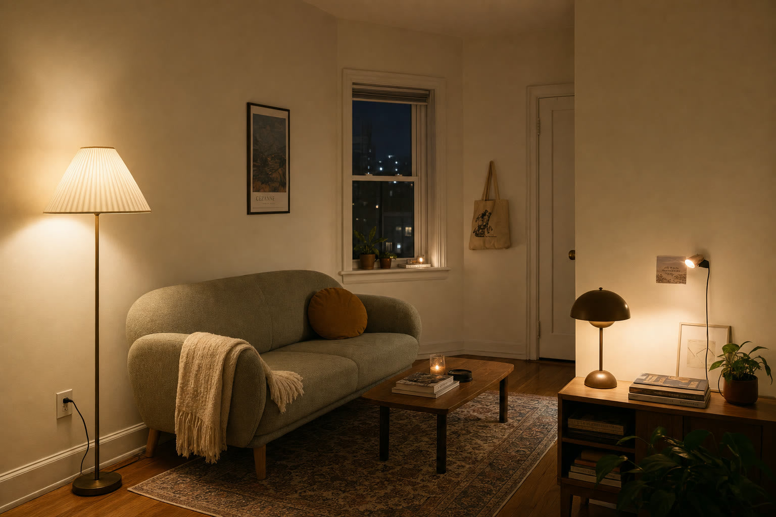 A small rental apartment lit by warm plug-in lamps with no hardwired fixtures