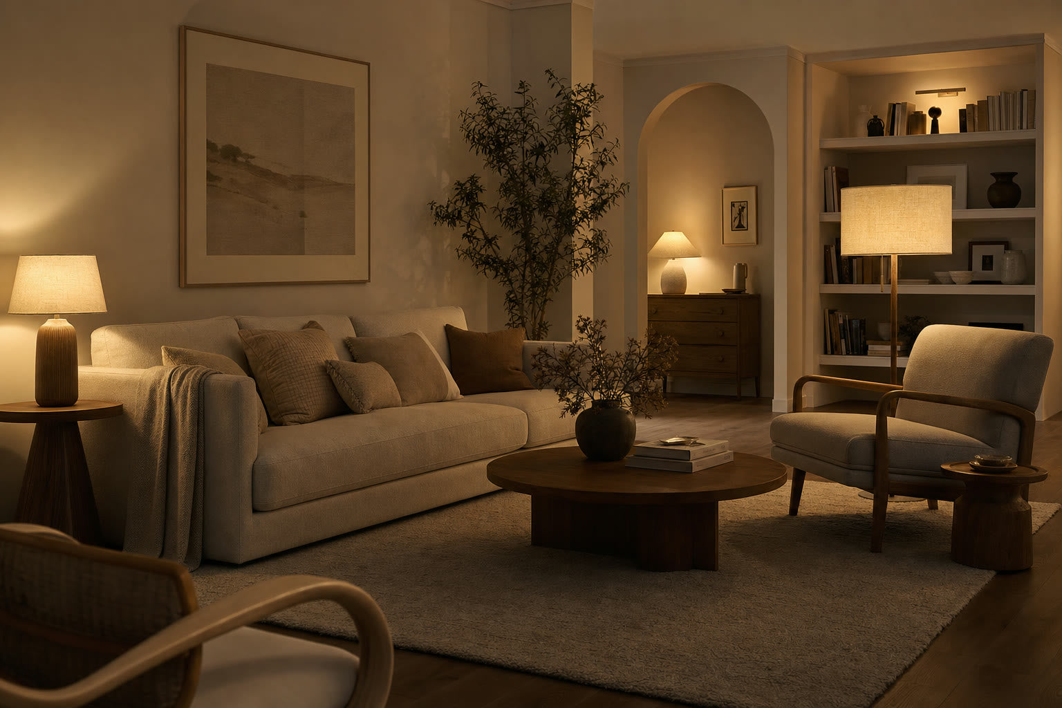 A softly lit living room with diffused 2700K lamp light and no glare
