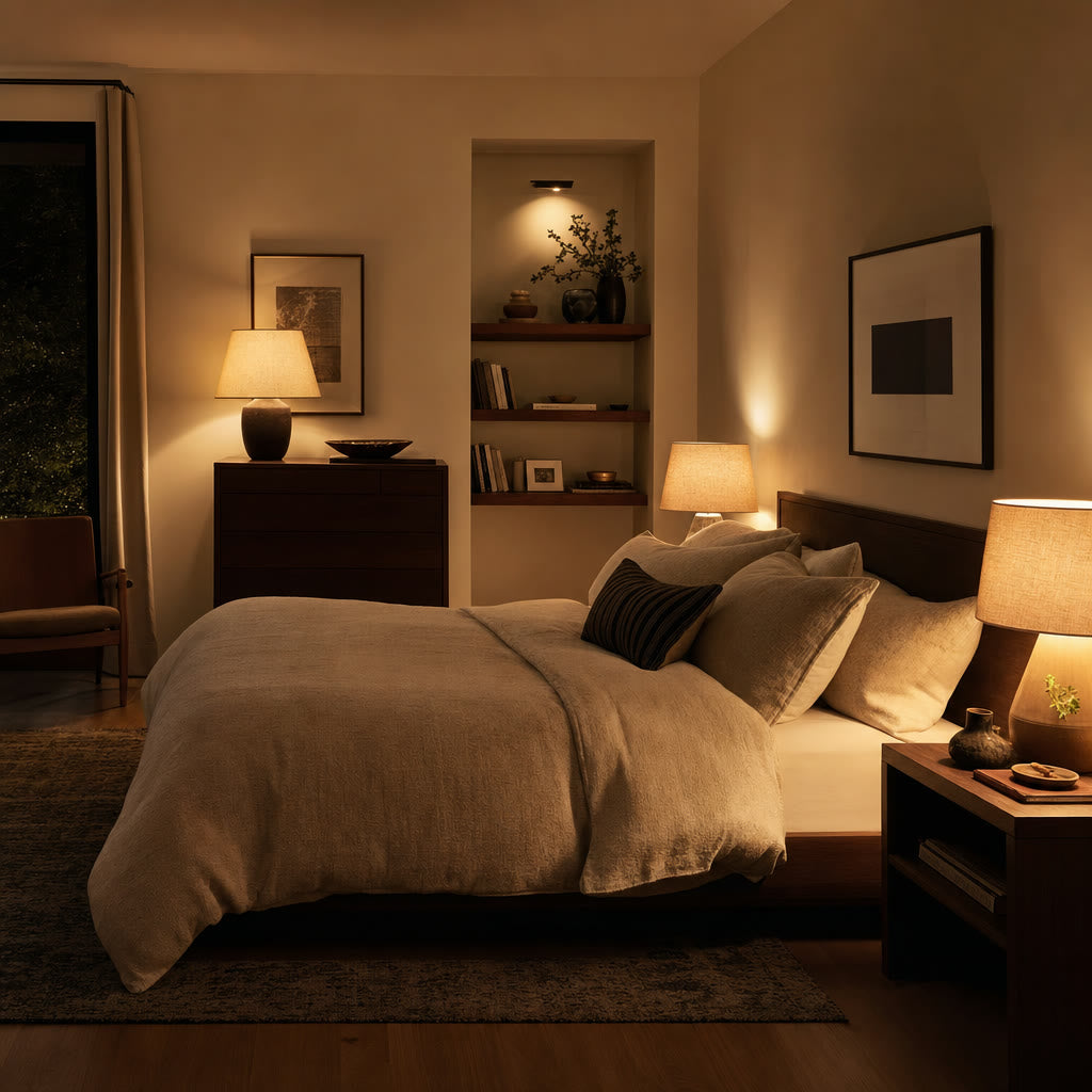 A bedroom with two warm 2700K bedside lamps and a soft dresser lamp at evening