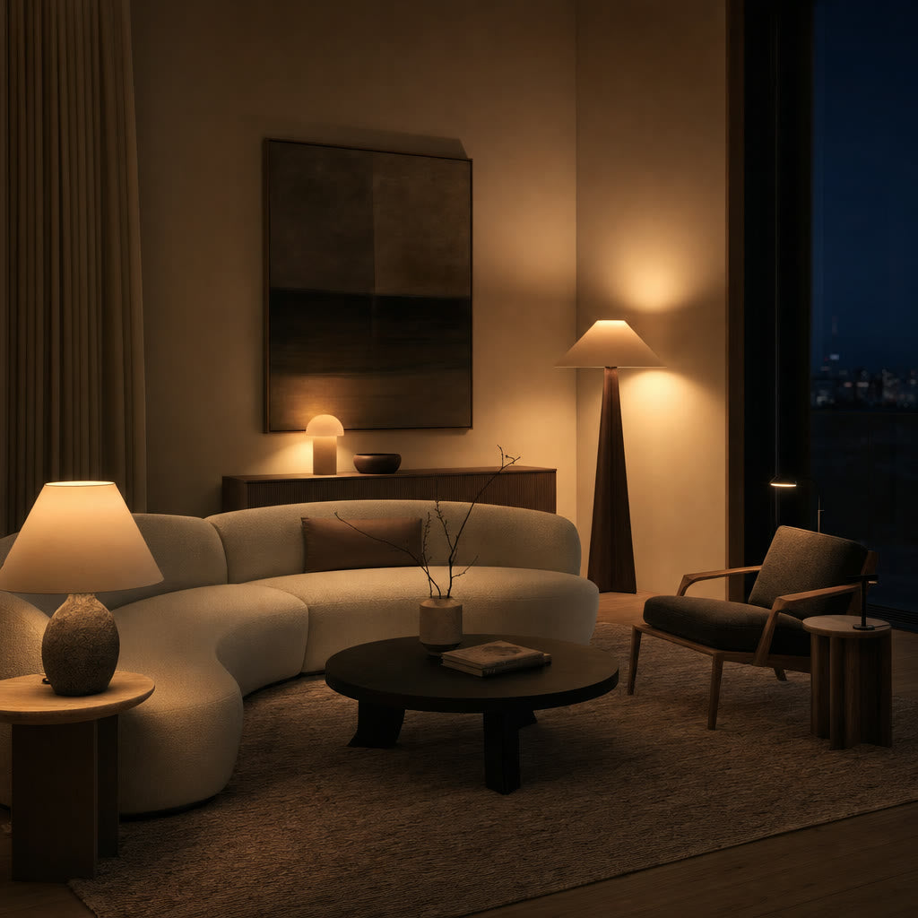A designer living room layered with four warm 2700K plug-in lamps
