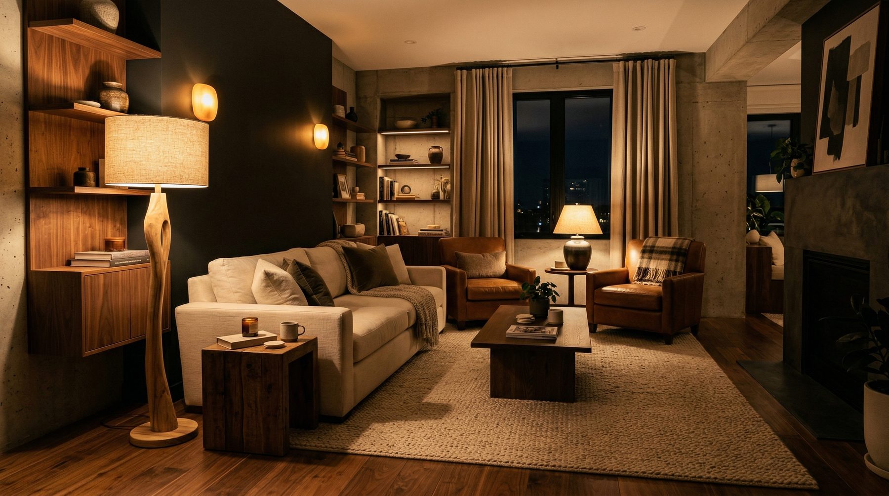 A softly lit room with warm diffused lamp light
