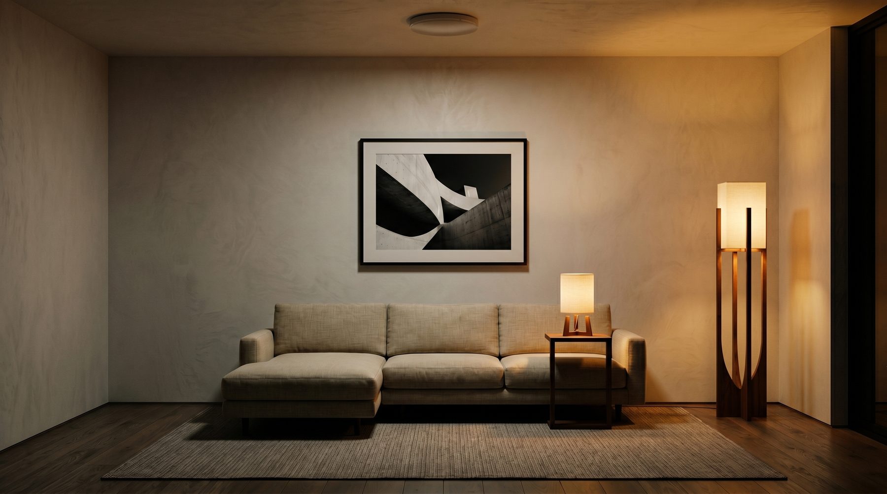 Living room arranged with multiple warm 2700K lamp layers
