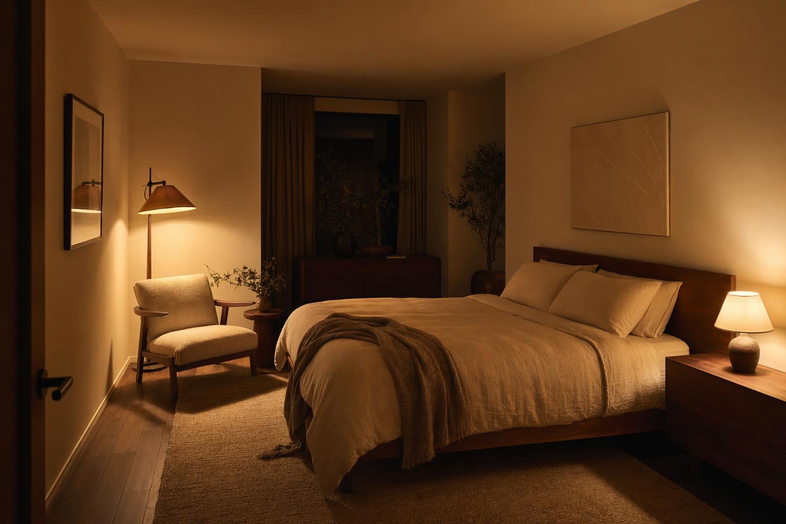 Cozy warm lamp lighting in an evening bedroom