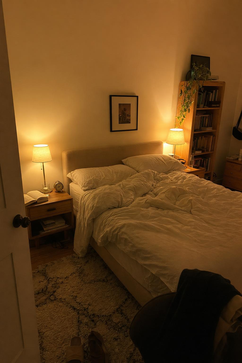 A cozy room arranged with warm lamp layers