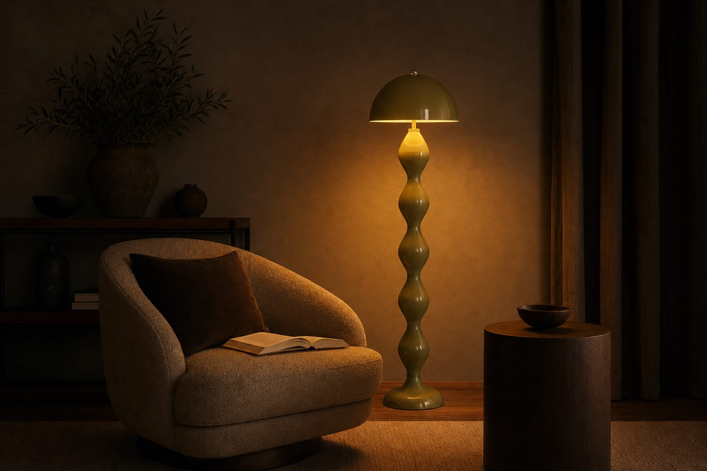 Warm floor lamp lighting a quiet evening reading nook