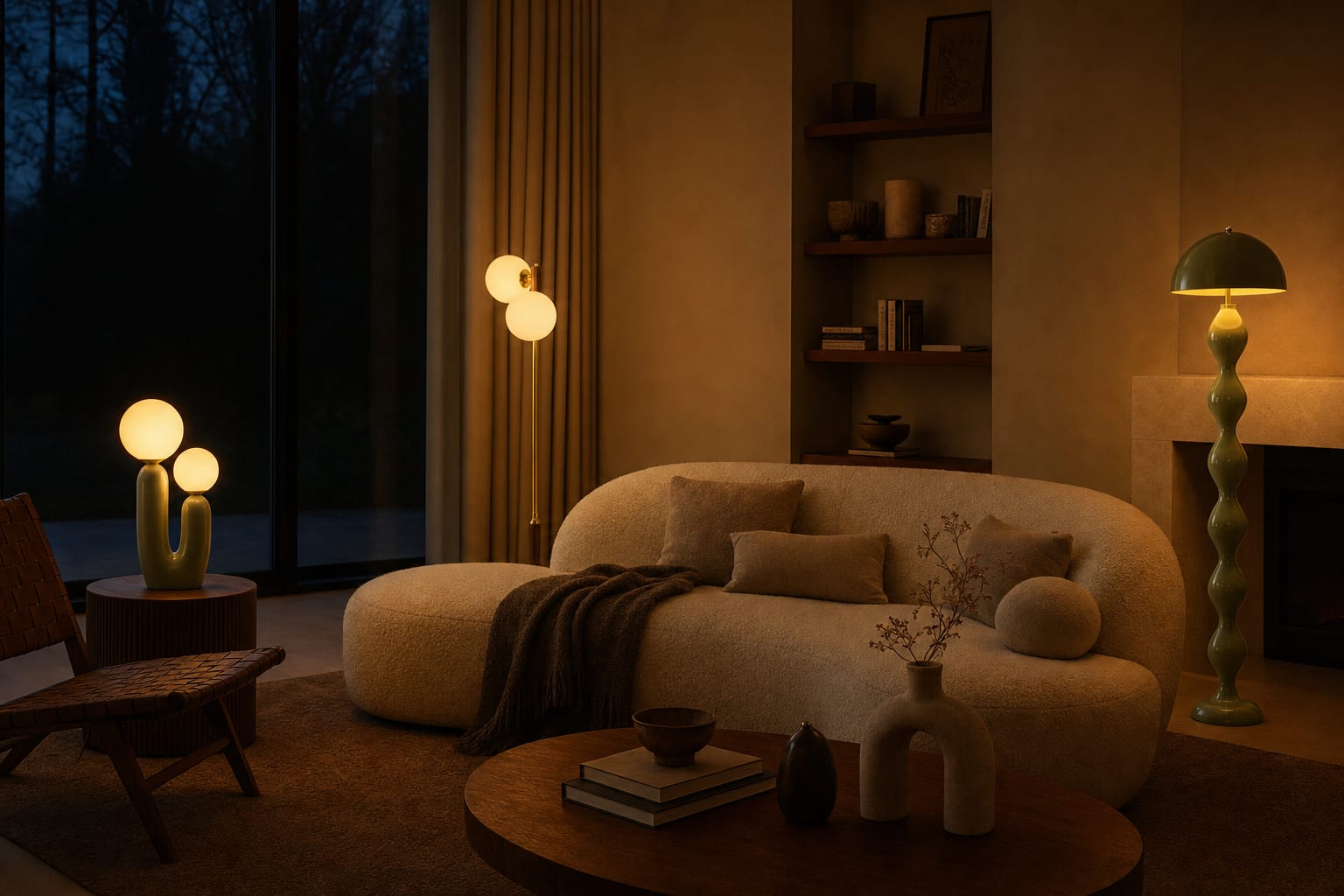 A warm modern living room in the evening, lit by Warm by Design floor and table lamps