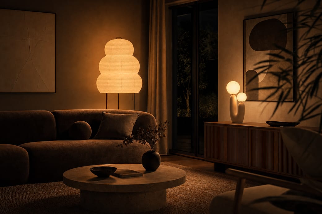 Warm floor and table lamps layering light in a styled living room