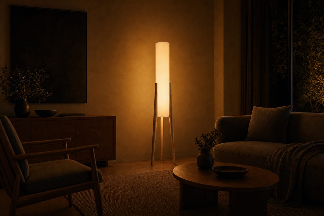 Warm floor lamp glowing in a living room