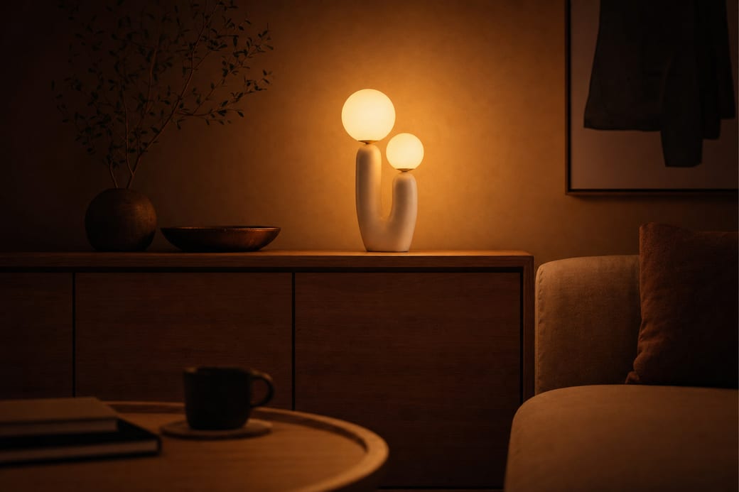 Warm table lamp glowing on a console in a living room