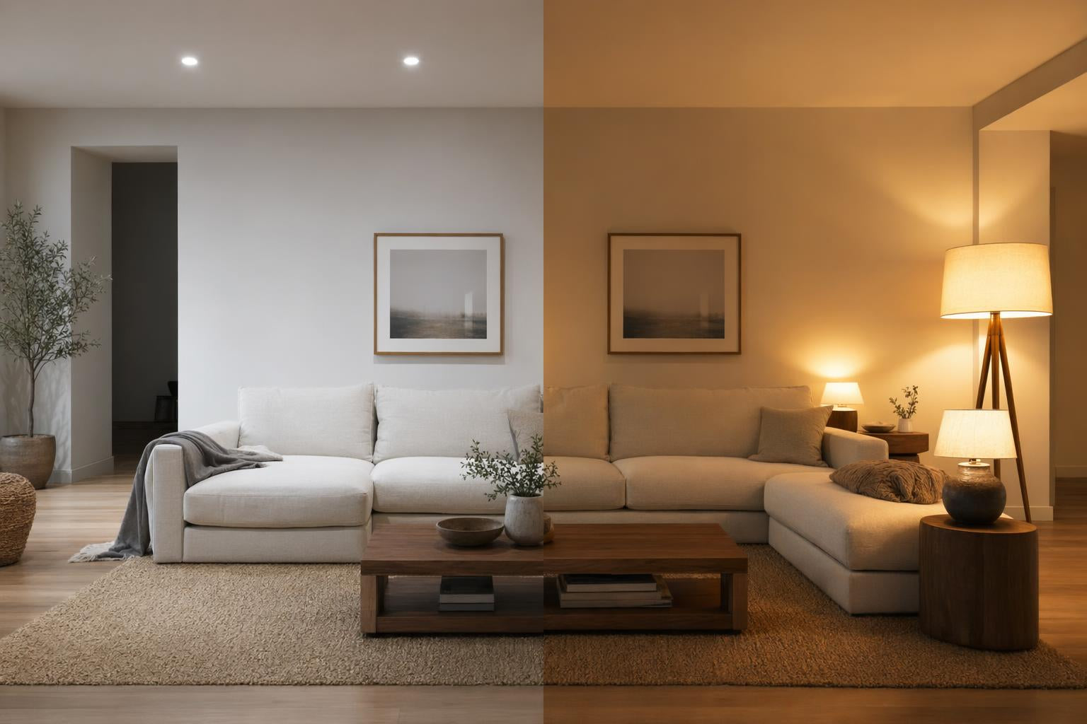 A warm 2700K room-lighting comparison for an evening interior
